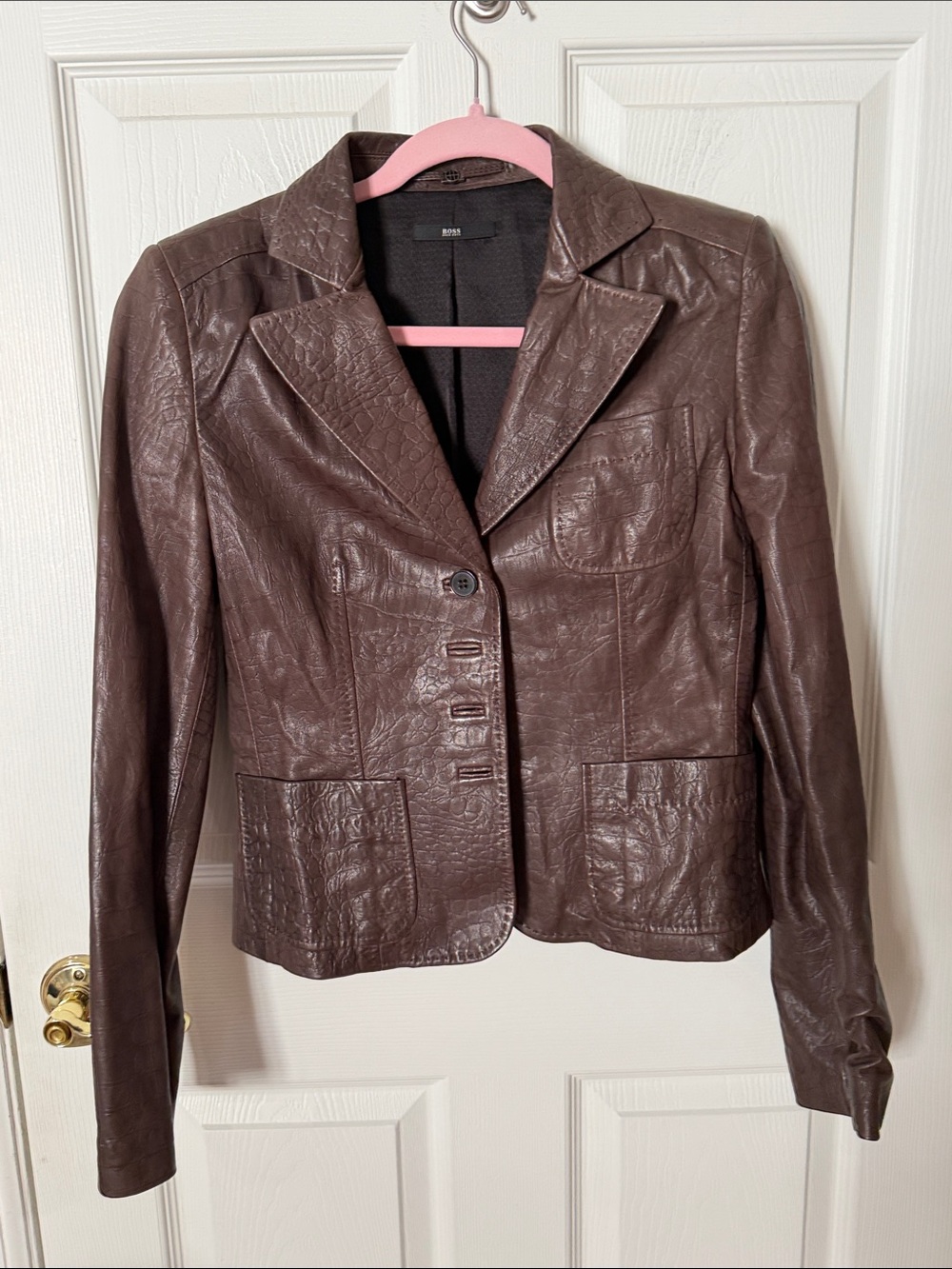 Vintage Hugo Boss Dark Brown Textured lamb Leather Blazer Jacket - size 4